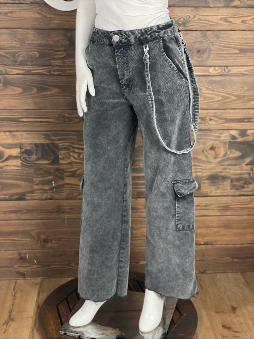 Forever 21 Faded Charcoal Gray Relaxed Cargo Corduroy Wide Leg Jeans with Chain